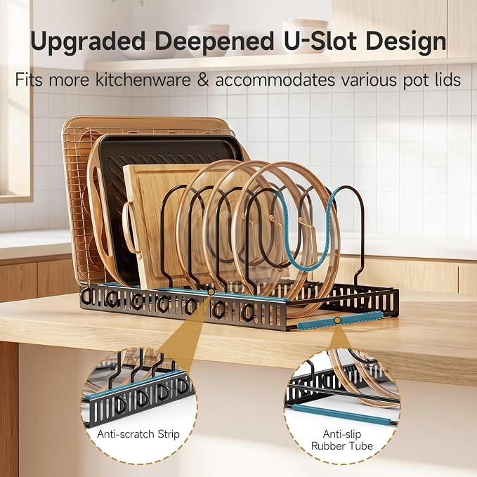 Cabinet Pot Lid Organizer – Adjustable Baking Pan Rack (7 Slots)