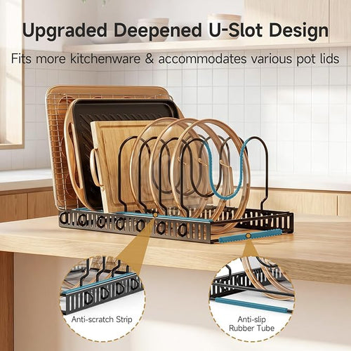 Cabinet Pot Lid Organizer – Adjustable Baking Pan Rack (7 Slots)