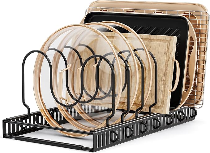 Cabinet Pot Lid Organizer – Adjustable Baking Pan Rack (7 Slots)