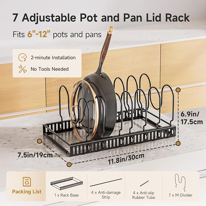 Cabinet Pot Lid Organizer – Adjustable Baking Pan Rack (7 Slots)
